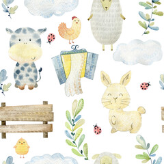 Watercolor farm seamless pattern with animals. Cute cartoon characters. Hand drawn illustration for fabric, wrapping paper, etc. © Tapilipa