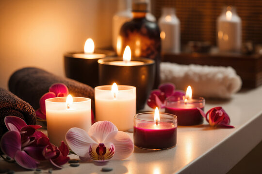 Spa Decor With Candles And Orchids