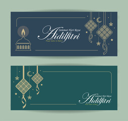 Hari Raya Aidilfitri greeting banner template set. Ketupat and pelita oil lamp line art or symbol motif design. (text: Fasting Day celebration)