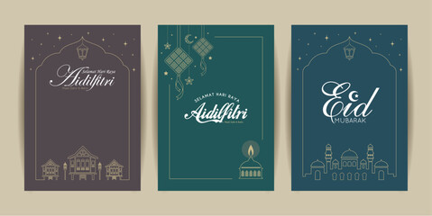Hari Raya Aidilfitri poster template set. Ketupat, pelita oil lamp, malay kampung house and mosque line art or symbol motif design. Muslim holidays greeting card. (text: Fasting Day celebration)