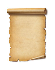 Old mediaeval paper sheet. Parchment scroll isolated on white with shadow