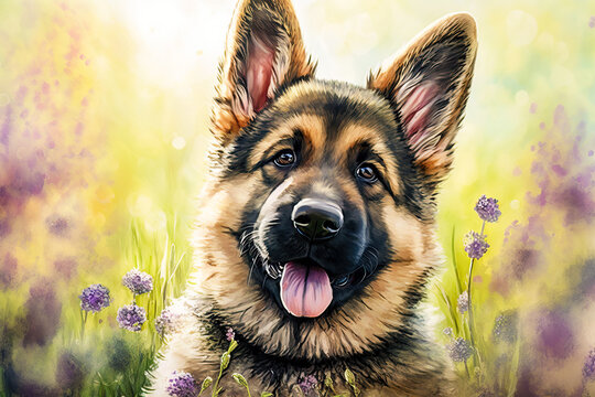 German shepherd puppy. generative ai. Spring dog portrait. Portrait of a german shepherd dog