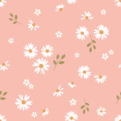 Seamless pattern with daisy flower , small white flower and green leaves on pink orange background vector illustration. Cute floral print.