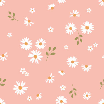 Seamless pattern with daisy flower , small white flower and green leaves on pink orange background vector illustration. Cute floral print.