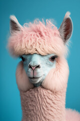 Obraz premium Funny pink alpaca on blue background