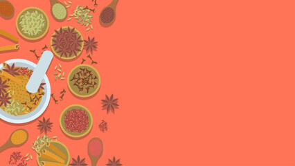 五香粉の背景フレームイラスト。俯瞰図。フラットなベクターイラスト。Background frame illustrations of Chinese five-spice powder. Bird’s-eye view. Flat designed vector illustration.