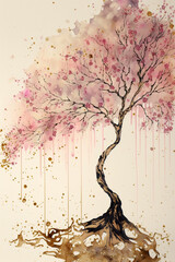 Blossom sakura tree with falling petals pastel pink and gold colors, watercolor, alcohol ink technic illustration