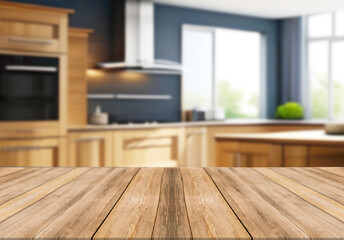 Wooden board empty table blurred background wooden kitchen. 
