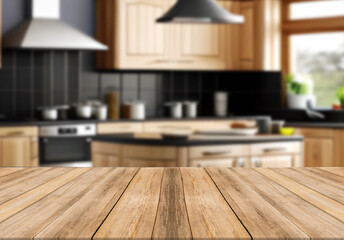 Wooden board empty table blurred background wooden kitchen. 
