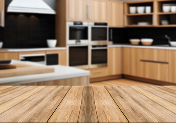 Wooden board empty table blurred background wooden kitchen. 
