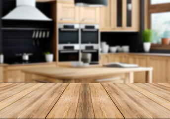 Wooden board empty table blurred background wooden kitchen. 
