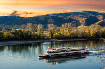 Turist's ship on the Danube river in Wachau Valley, Austria - obrazy, fototapety, plakaty