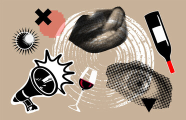 Art collage with lips, abstract elements. Concept event and party