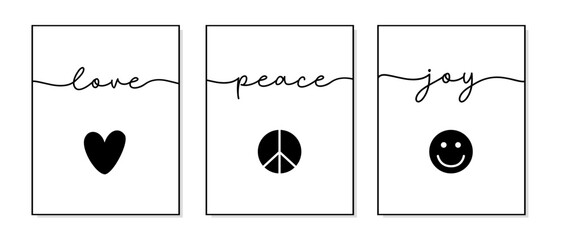 Love, Peace, Joy. Lettering typography poster. Icon symbols love, peace, joy. Bible, religious vector fun quote. Modern design workplace frame. Vector word illustration. Wall art bedroom, wall decor.