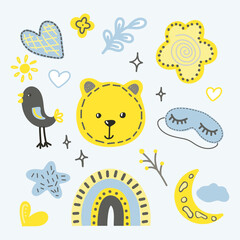 Set of cute baby and kids graphics, illustrations in modern style. Rainbow, cloud, star, bear and sleep mask, bird in sky. Posters, greeting cards, invitations, clothing.