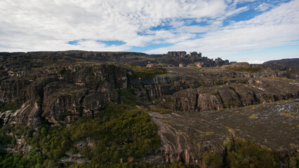 Rugged sandstone rock plateau of Auyan tepui, a famous table mountain in Venezuela