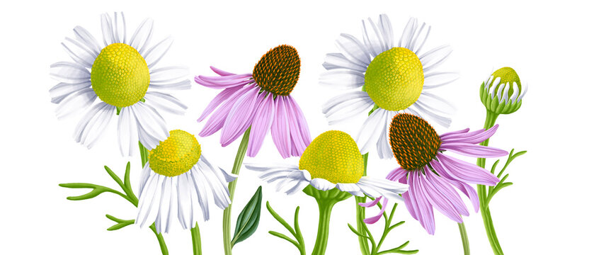 drawing realistic wild chamomile flowers and purple coneflowers, hand drawn illustration,floral design elements