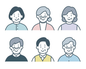 高齢者・シニアのアイコンセット　上半身　単色　
おじいちゃん　おばあちゃん