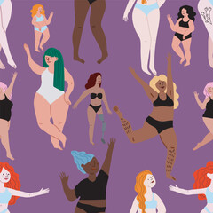 Semless pattern. Cute girls.Body positive movement and variety of beauty. Flat illustration. 