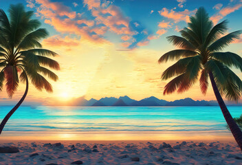 Fototapeta na wymiar beautiful photo of sunset eveningn time sun leaks on beach with palm trees generative ai