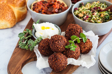 Falafel on wooden party pletter. Israeli food concept.
