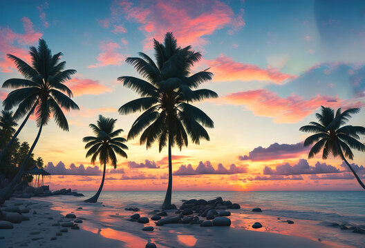 beautiful photo of sunset sun leaks on beach with palm trees generative ai