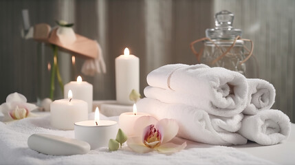 Fototapeta na wymiar spa composition on massage with Soft White Towels, Essential Oils, flower, Candles, and Relaxation. Generative AI 