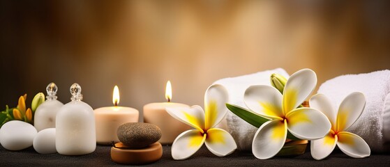 spa composition on massage with Soft White Towels, Essential Oils, flower, Candles, and Relaxation. Generative AI	