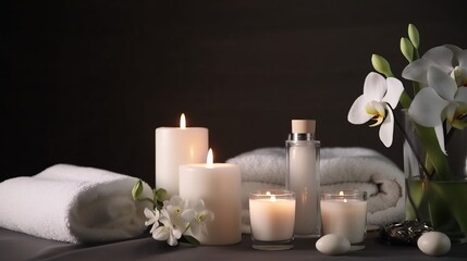 spa composition on massage with Soft White Towels, Essential Oils, flower, Candles, and Relaxation. Generative AI	