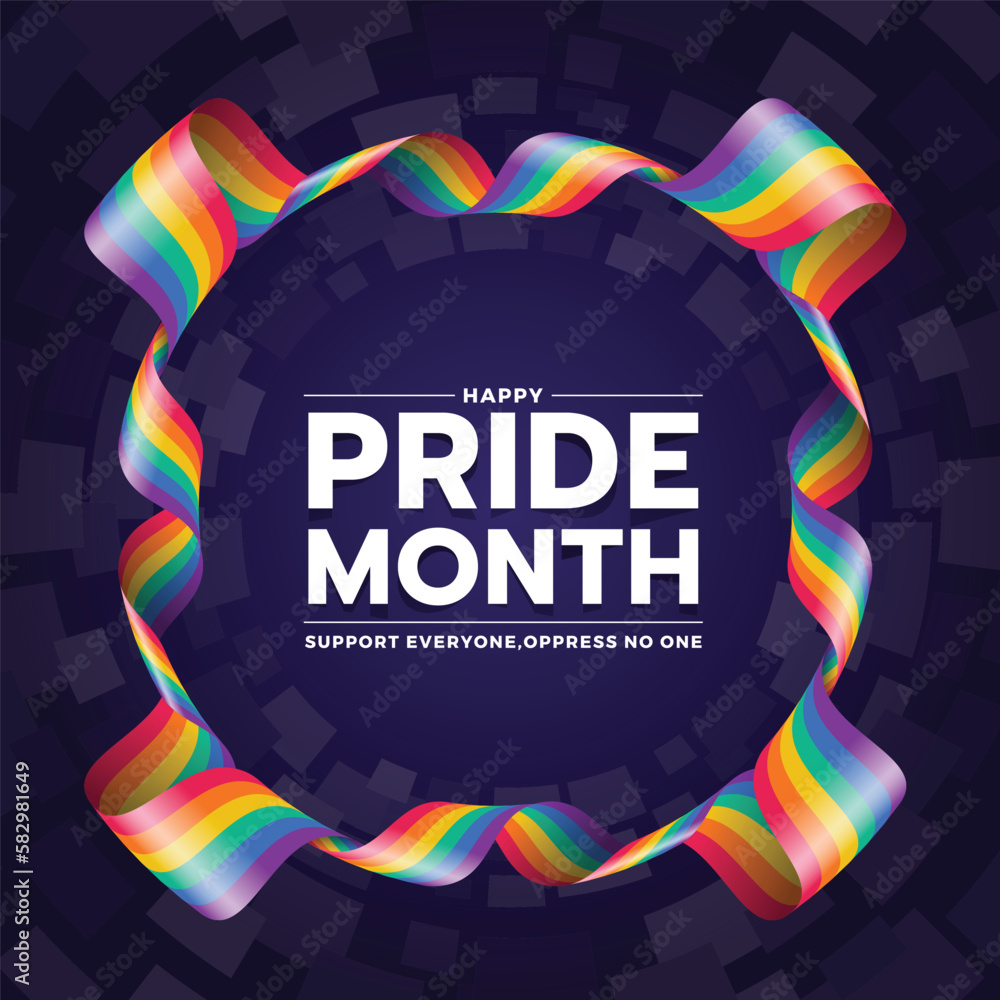Poster happy pride month text in square rianbow pride ribbon roll waving frame on dark purple texture backg