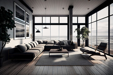 large room with furniture on sea view  , Generate by AI