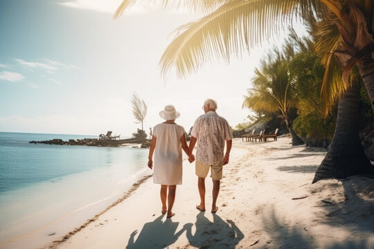 Relax senior couple on beach with blue sky, Retirment travel holiday healthy lifestyle Concept. Generative AI.