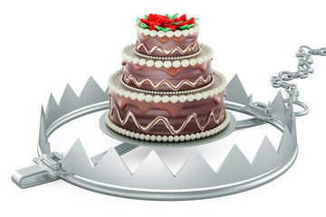 Chocolate Cake inside bear trap. 3D rendering