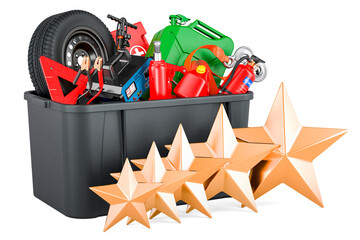 Plastic box full of car tools, equipment and accessories with five golden stars. Customer rating, 3D rendering
