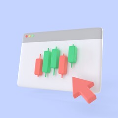 Interface desktop windows with candlestick charts and arrow mouse icon. realistic statistics finance symbols 3d render, online banking payment and investment concept.