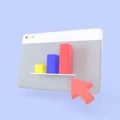 Interface desktop windows with column chart and arrow mouse icon. realistic statistics finance symbols 3d render, online banking payment and investment concept.
