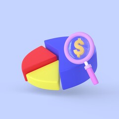 Dollar sign and pie chart with magnifying glass icon for planing or searching realistic money finance symbols 3d render, online statistics banking payment and investment concept.