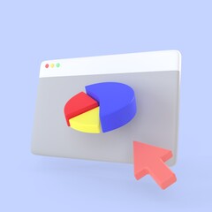 Interface desktop windows with pie chart and arrow mouse icon. realistic statistics finance symbols 3d render, online banking payment and investment concept.