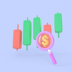 Dollar sign and candlestick chart with magnifying glass icon for planing or searching realistic money finance symbols 3d render, online statistics banking payment and investment concept.