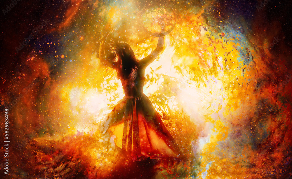 Poster shamanic girl with frame drum on abstract structured space background.
