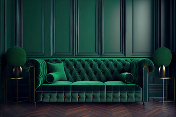 Obraz premium Green wall with a dark green sofa Generative by AI