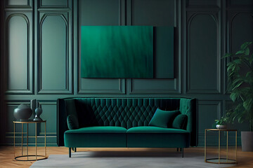 Green wall with a dark green sofa Generative by AI