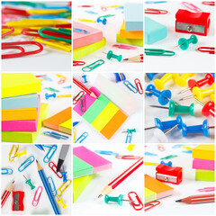 Collage of diverse school supplies on white background.