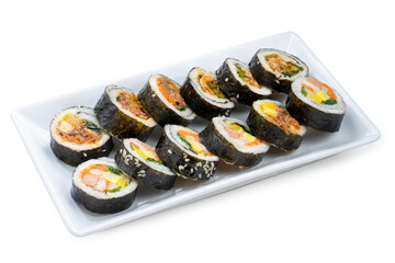 Korean Seaweed Rice Rolls or Kimbap Korean dish made from cooked rice  vegetables, meats that are rolled in seaweed, BBQ Kimbap Korean food Isolate on white with clipping path.