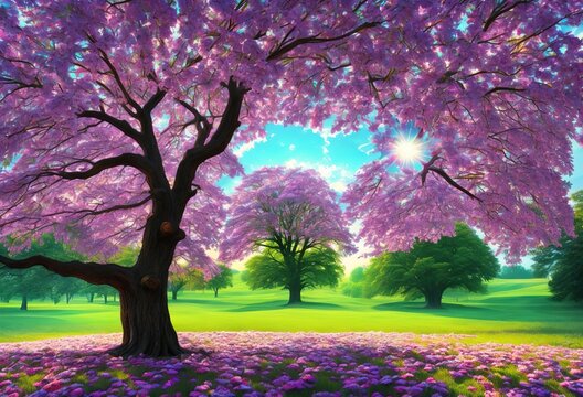 spring pink trees in park generative ai