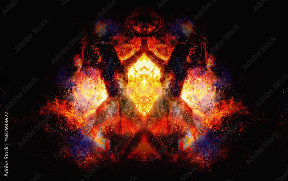 Poster shamanic girl with frame drum on abstract structured space background.