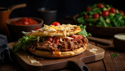 Fototapeta premium Artisanal arepa columbian food: Arepa with shredded meat