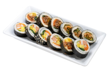 Korean Seaweed Rice Rolls or Kimbap Korean dish made from cooked rice  vegetables, meats that are rolled in seaweed, BBQ Kimbap Korean food Isolate on white with clipping path.