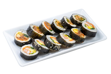 Korean Seaweed Rice Rolls or Kimbap Korean dish made from cooked rice  vegetables, meats that are rolled in seaweed, BBQ Kimbap Korean food Isolate on white with clipping path.