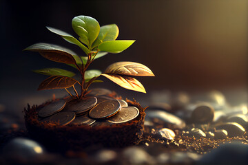 Fototapeta na wymiar Plant Growing In Savings Coins. Generative AI.